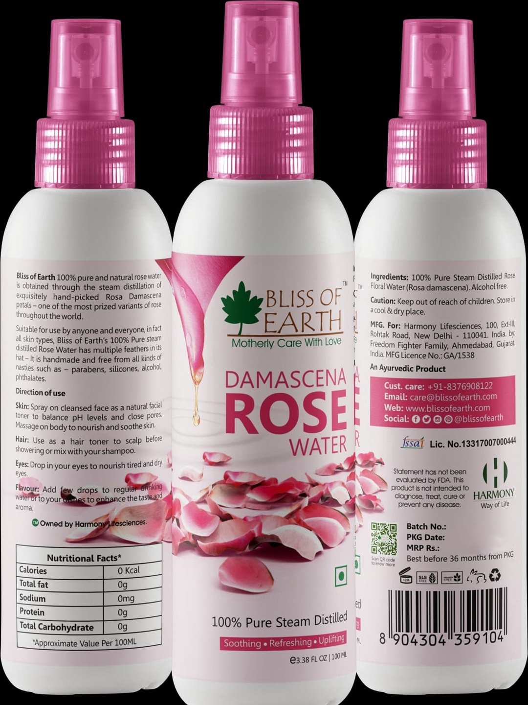 

Bliss of Earth Soothing & Refreshing 100% Pure Steam Distilled Damascena Rose Water- 100ml, Pink