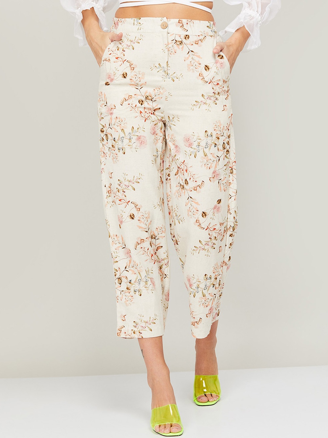 

CODE by Lifestyle Women Beige Floral Printed Regular Fit Trousers