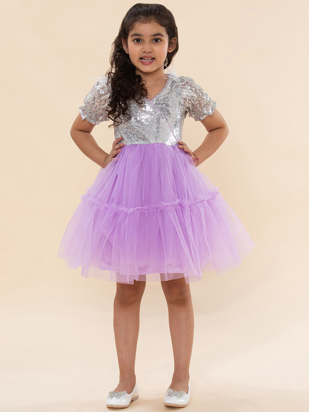 

A T U N Purple & Silver-Toned Embellished Dress
