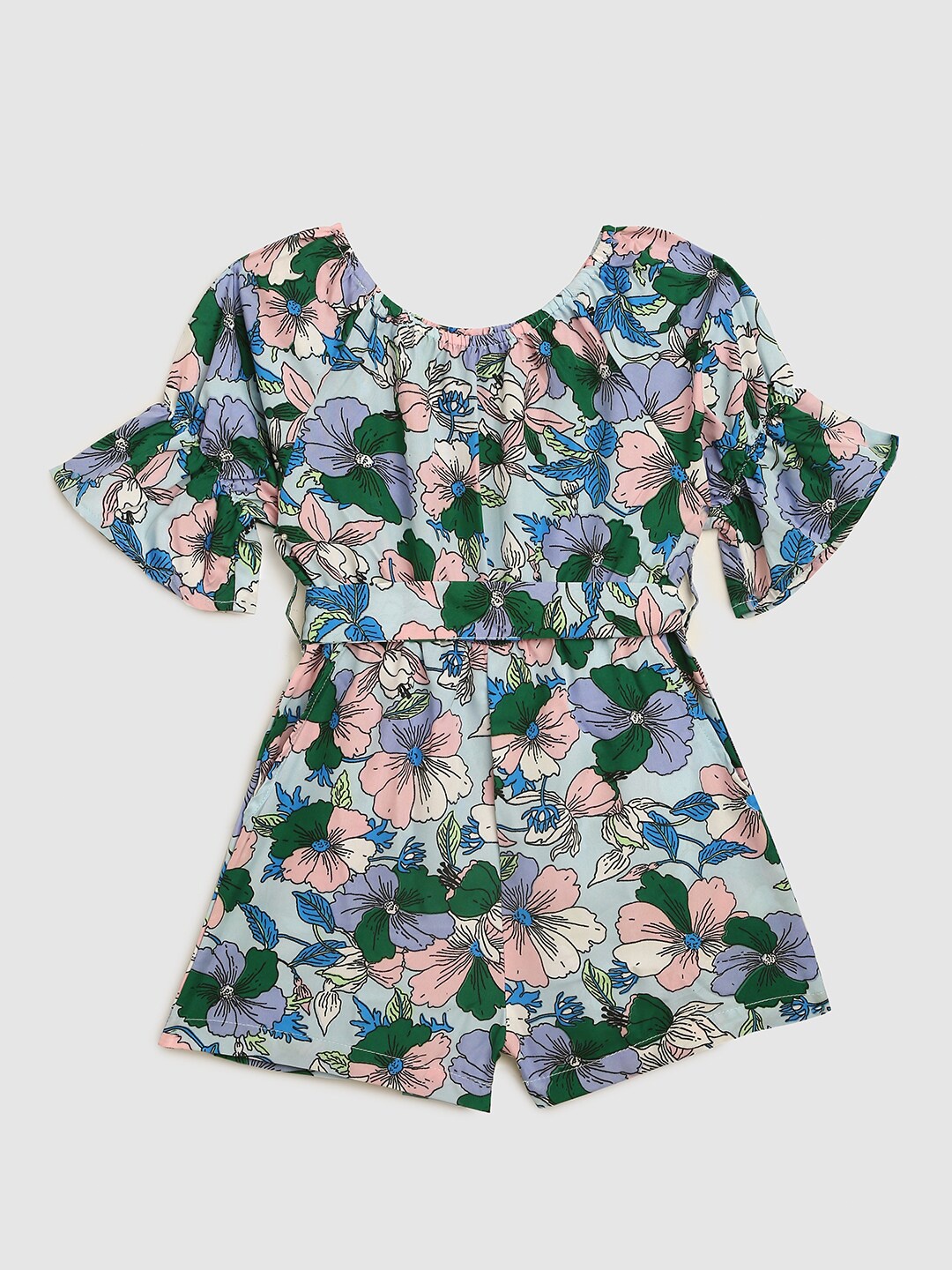 

KIDSCRAFT Girls Green & Blue Floral Printed crepe Playsuit