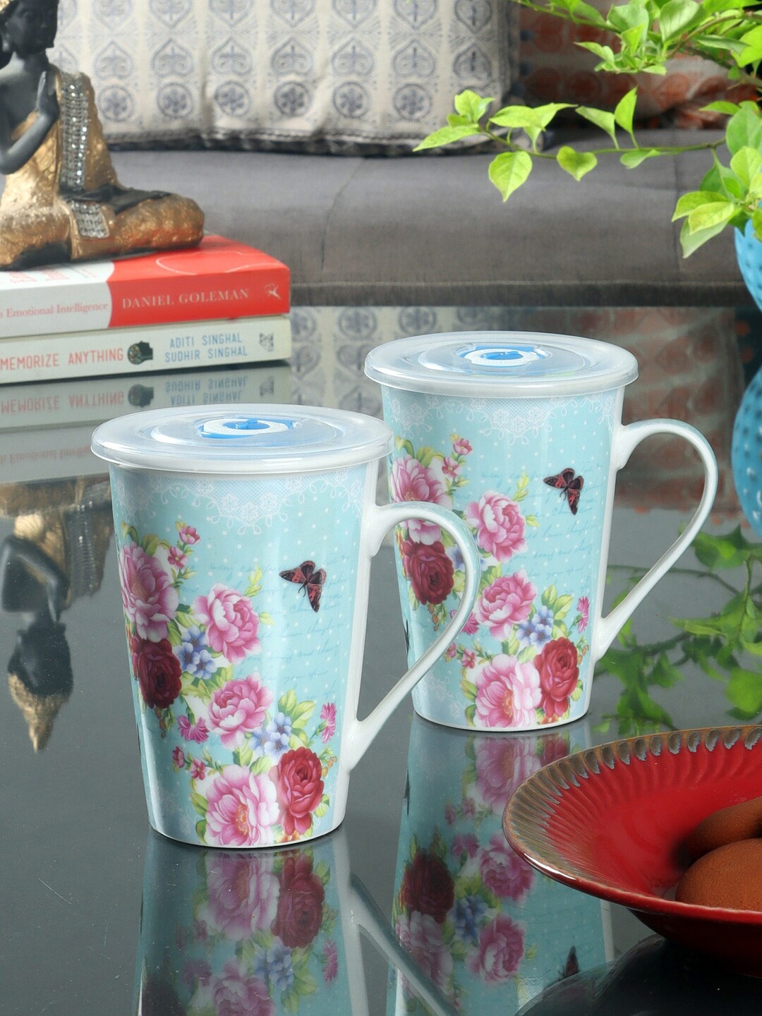 

ceradeco Blue & Yellow Set Of 2 Printed Ceramic Glossy Mugs 400 ML Each