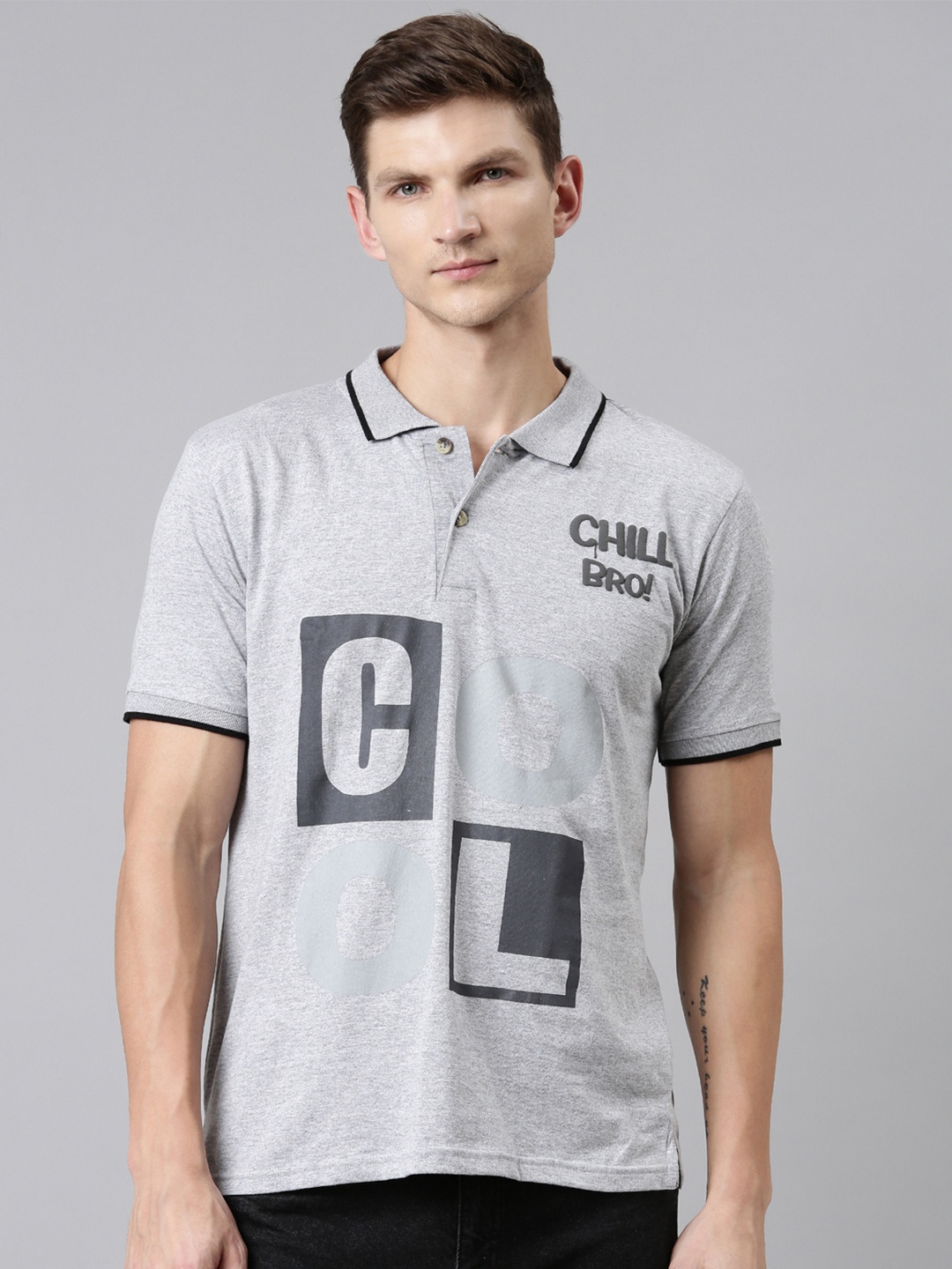 

Kryptic Men Grey Melange Typography Polo Collar Cotton T-shirt