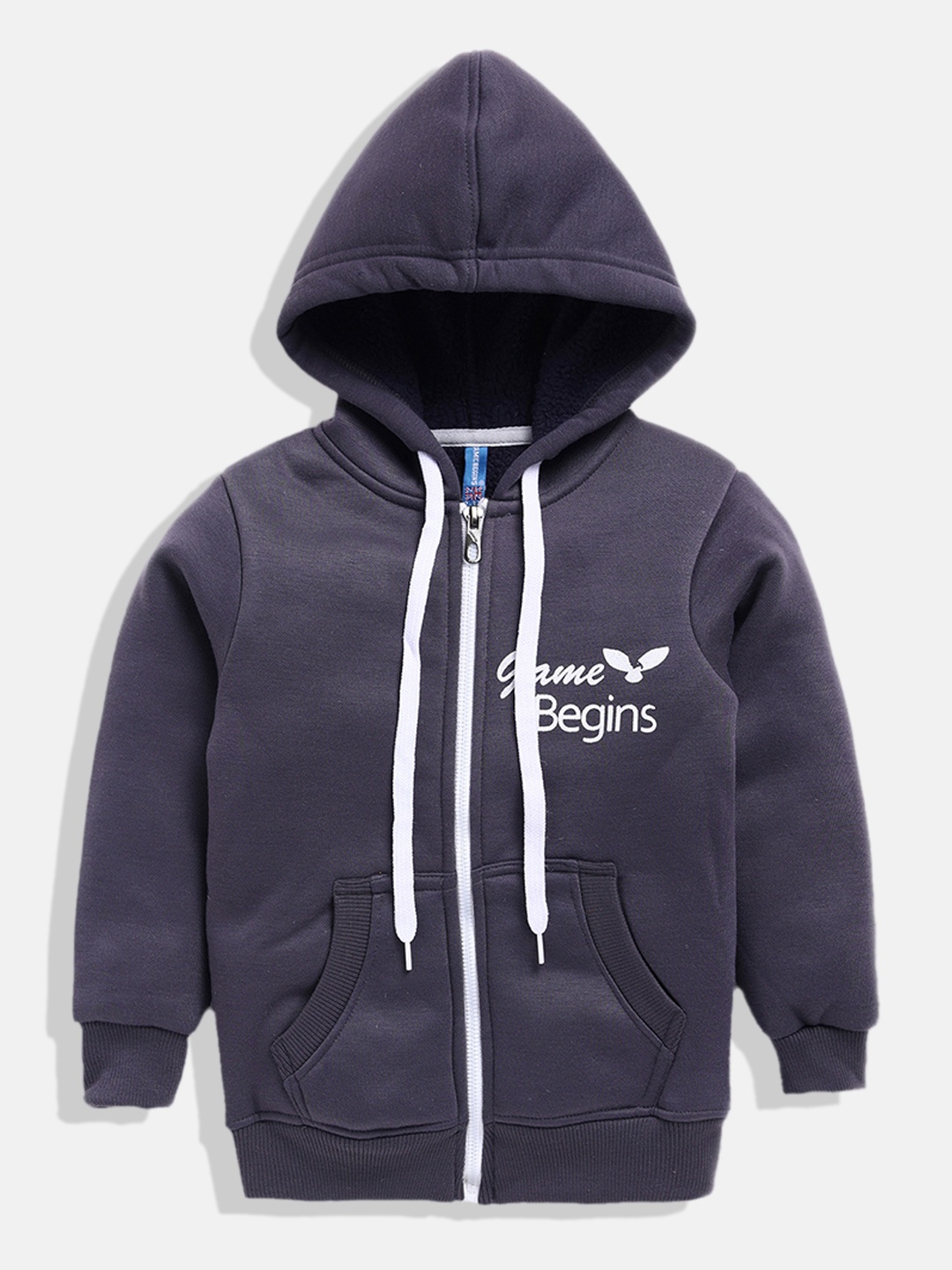 

GAME BEGINS Boys Grey & White Pure Cotton Brand Logo Printed Hooded Sweatshirt