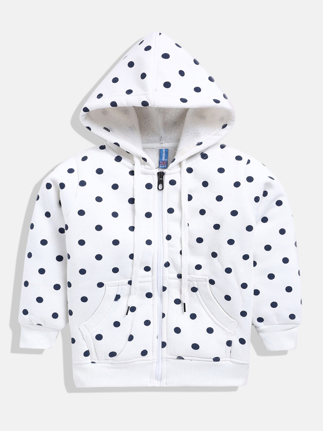 

GAME BEGINS Boys White & Navy Blue Pure Cotton Polka Dot Printed Hooded Sweatshirt