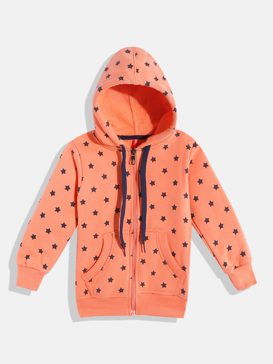 

GAME BEGINS Girls Orange & Black Star Print Cotton Hooded Sweatshirt