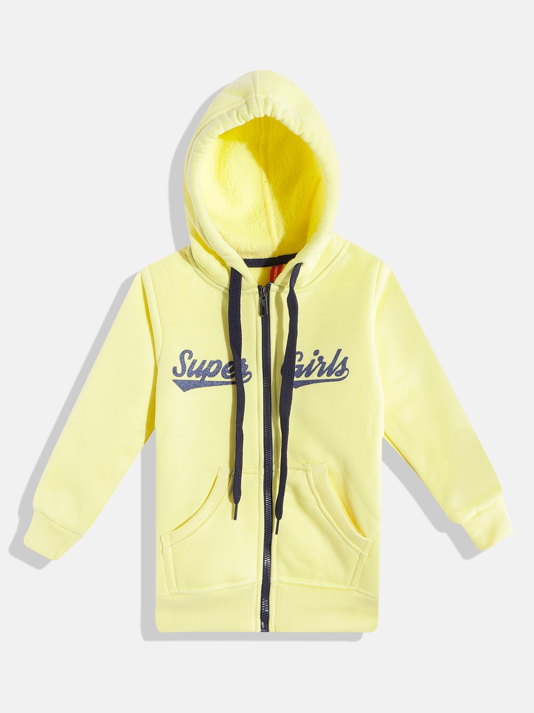 

GAME BEGINS Girls Yellow & Navy Blue Printed Hooded Cotton Sweatshirt