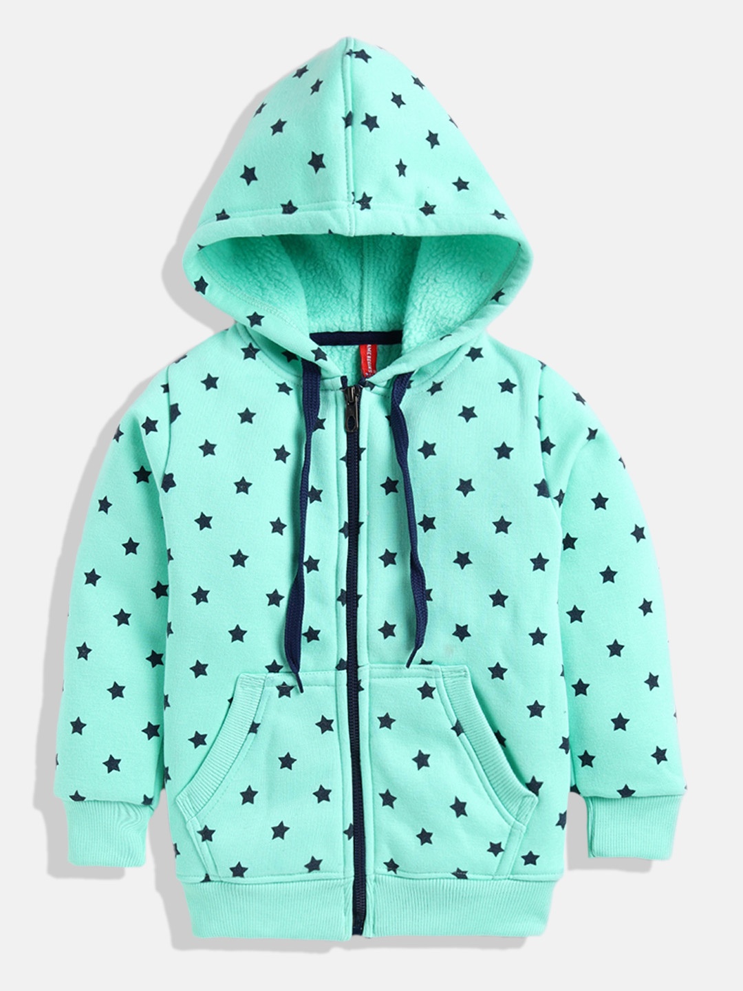 

GAME BEGINS Girls Sea Green Black Star Print Hooded Cotton Sweatshirt