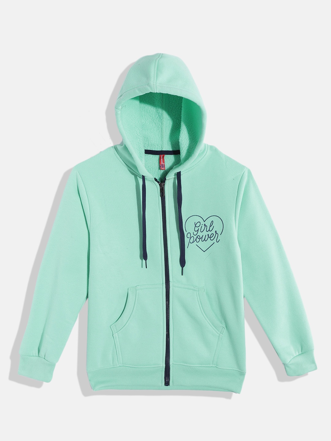 

GAME BEGINS Girls Sea Green Solid Cotton Hooded Sweatshirt