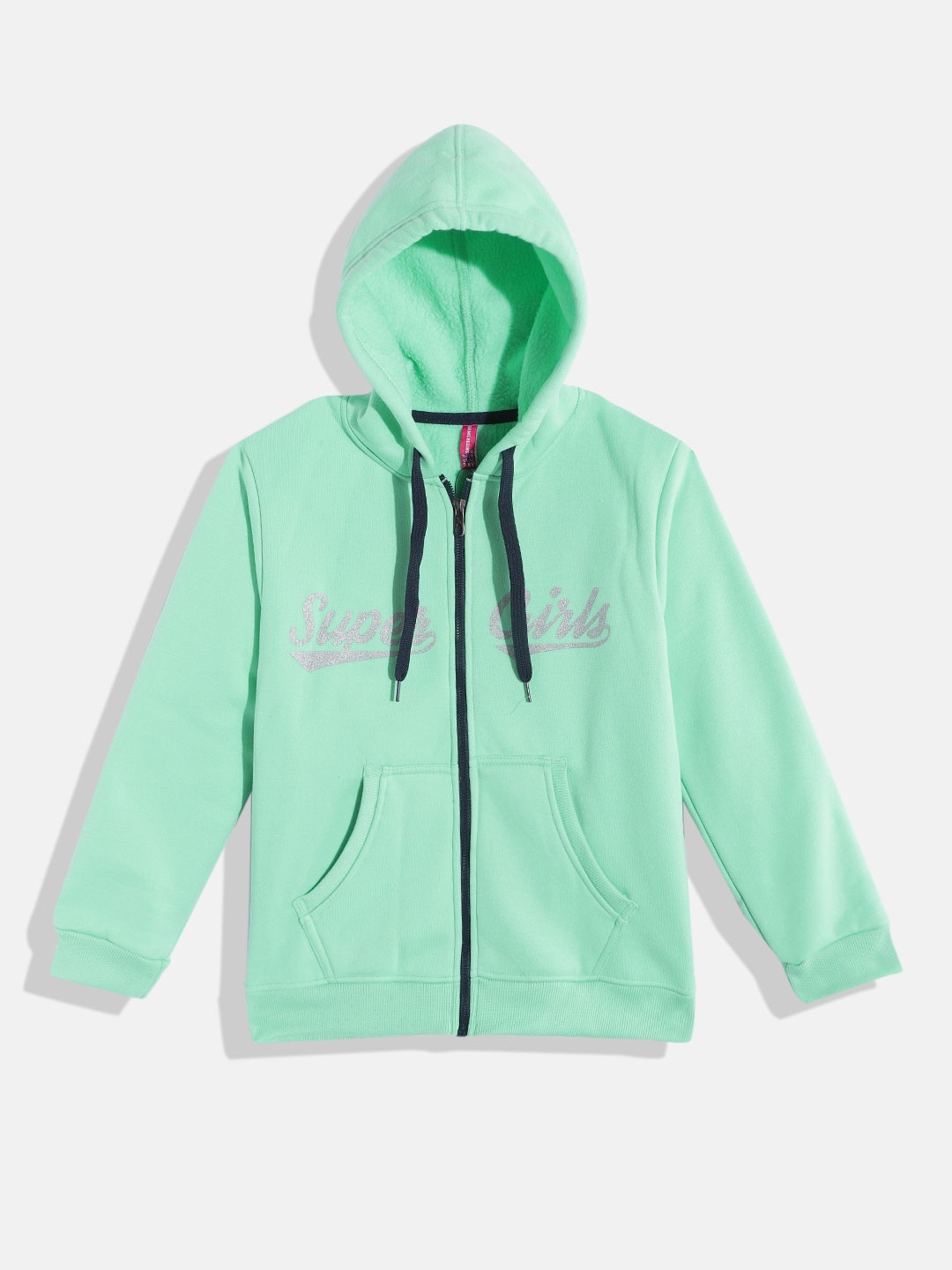 

GAME BEGINS Girls Sea Green Solid Cotton Hooded Sweatshirt