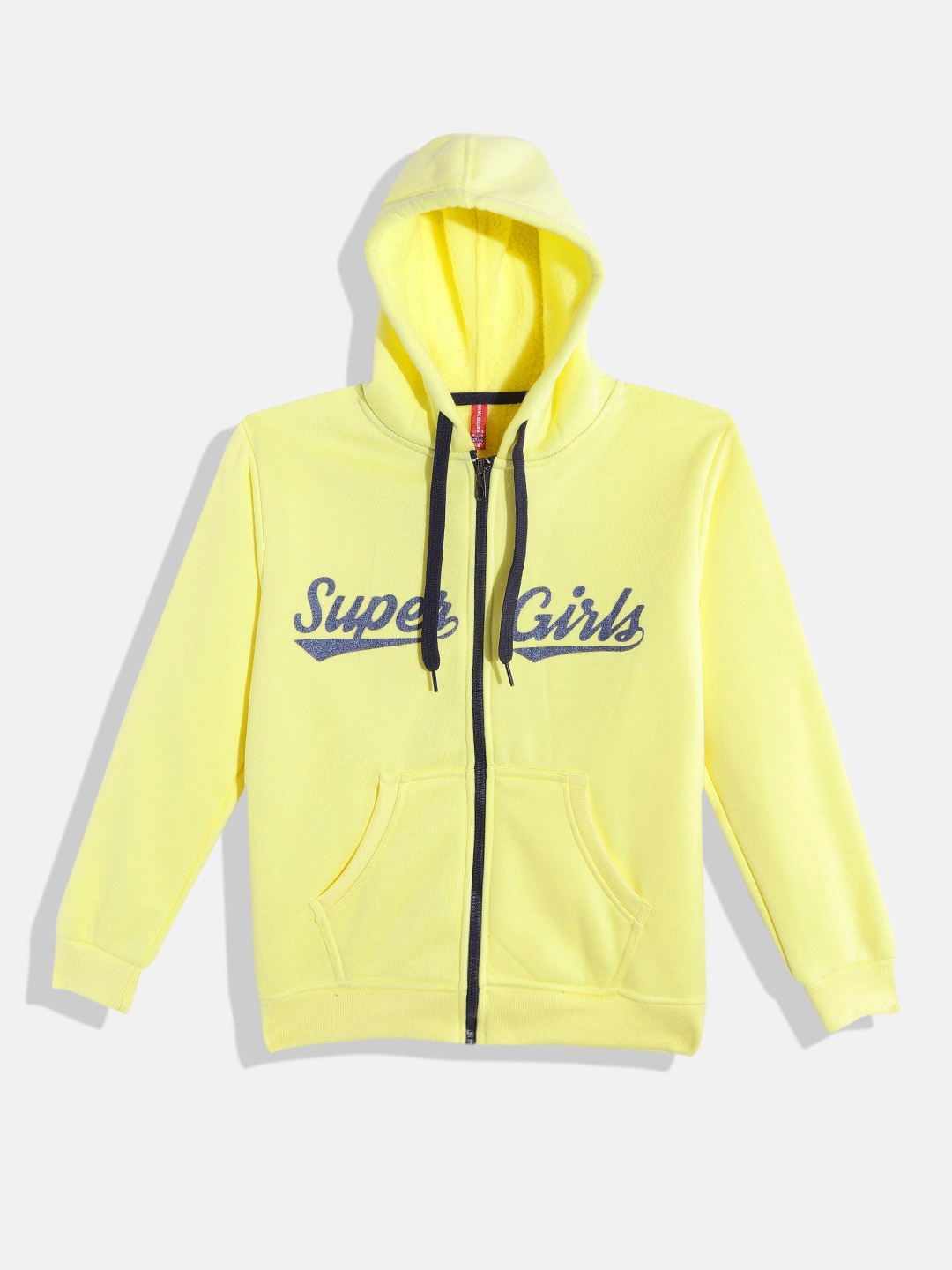 

GAME BEGINS Girls Yellow & Navy Blue Printed Cotton Hooded Sweatshirt