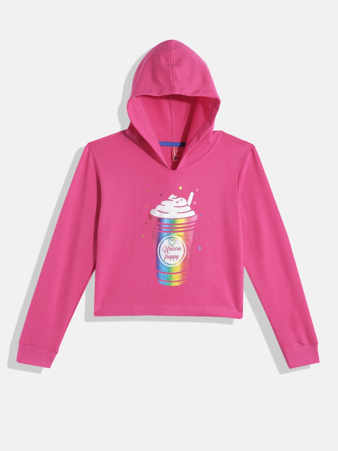 

GAME BEGINS Girls Pink & Silver-Toned Pure Cotton Graphic Printed Hooded Printed T-shirt