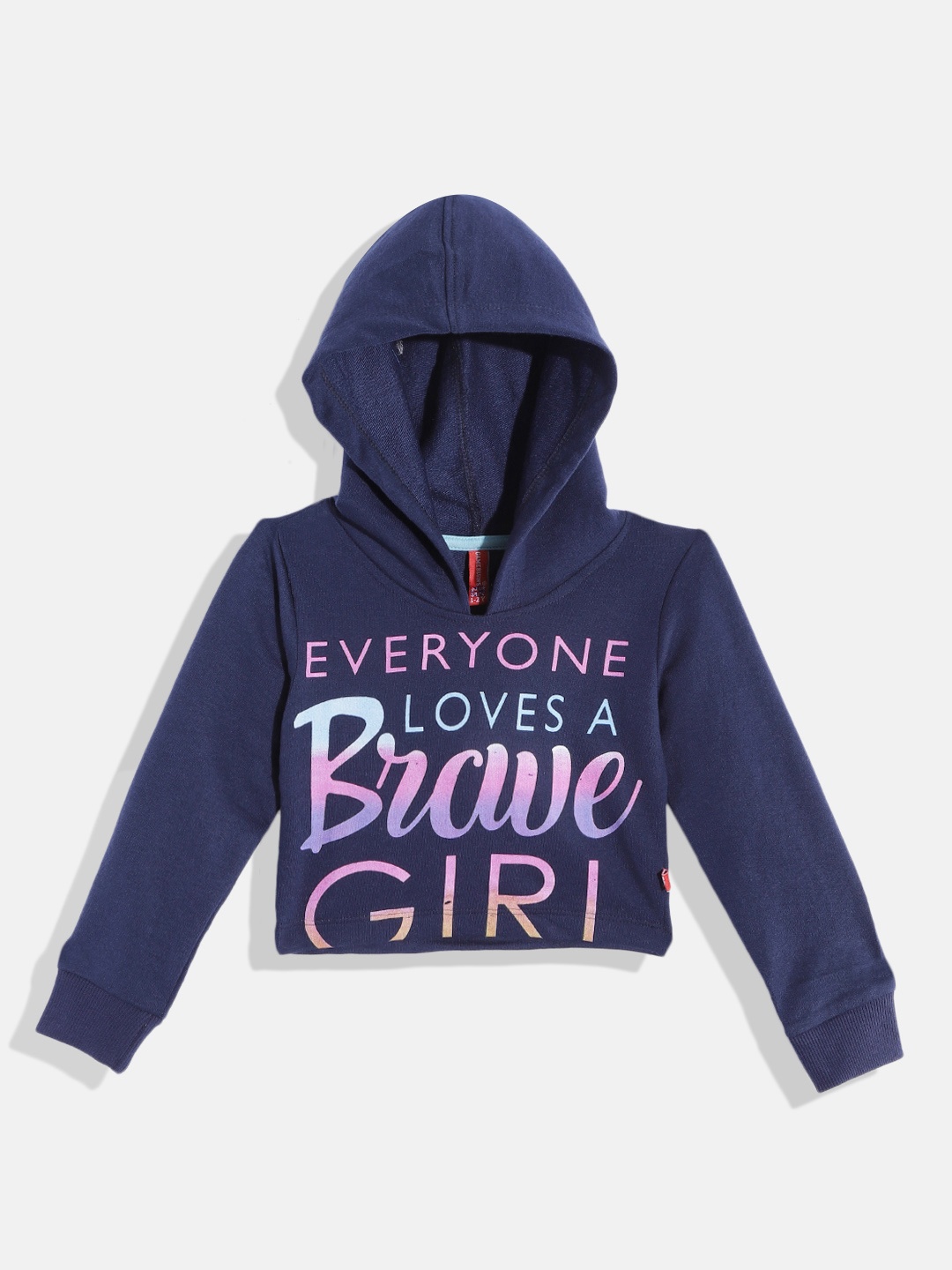 

GAME BEGINS Girls Navy Blue & Pink Pure Cotton Typography Printed Hooded T-shirt