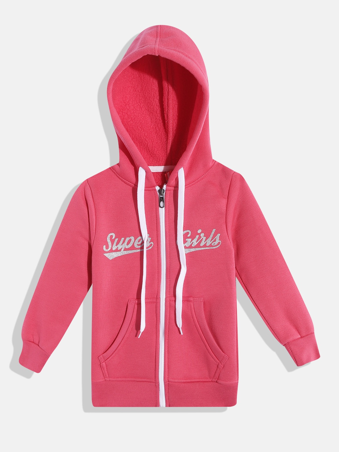 

GAME BEGINS Girls Fuchsia Pink & Silver-Toned Printed Cotton Hooded Sweatshirt