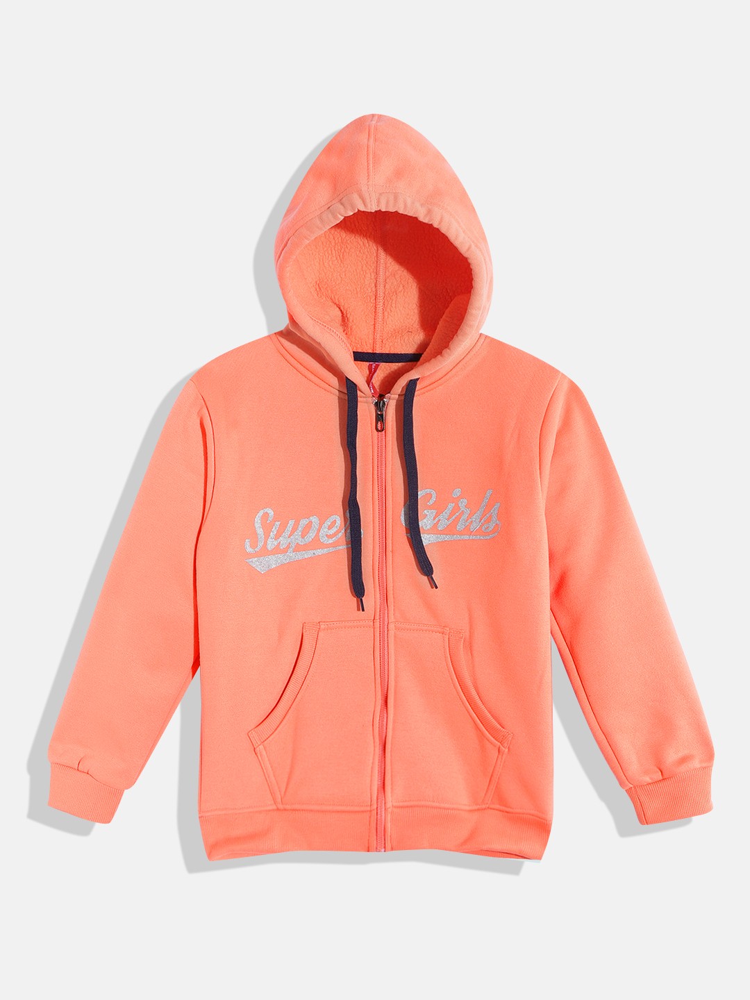 

GAME BEGINS Girls Orange & Silver-Toned Printed Cotton Hooded Sweatshirt