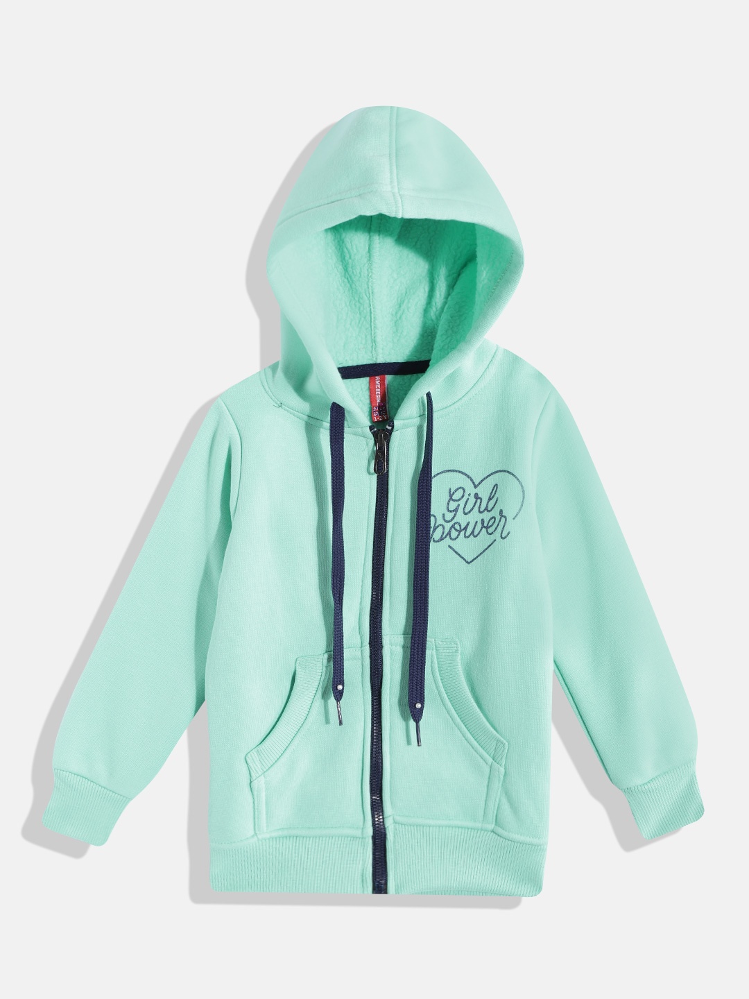 

GAME BEGINS Girls Sea Green & Navy Blue Pure Cotton Typography Printed Hooded Sweatshirt