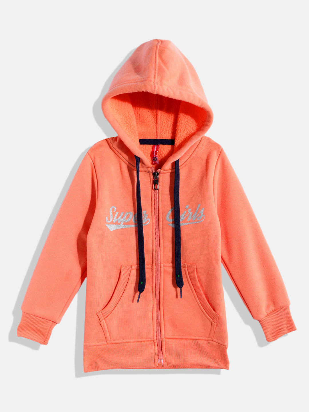 

GAME BEGINS Girls Orange & Silver-Toned Pure Cotton Typography Printed Hooded Sweatshirt