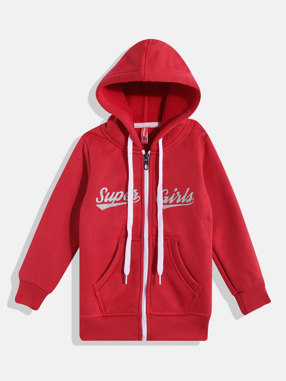 

GAME BEGINS Girls Red & Silver-Toned Pure Cotton Typography Printed Hooded Sweatshirt