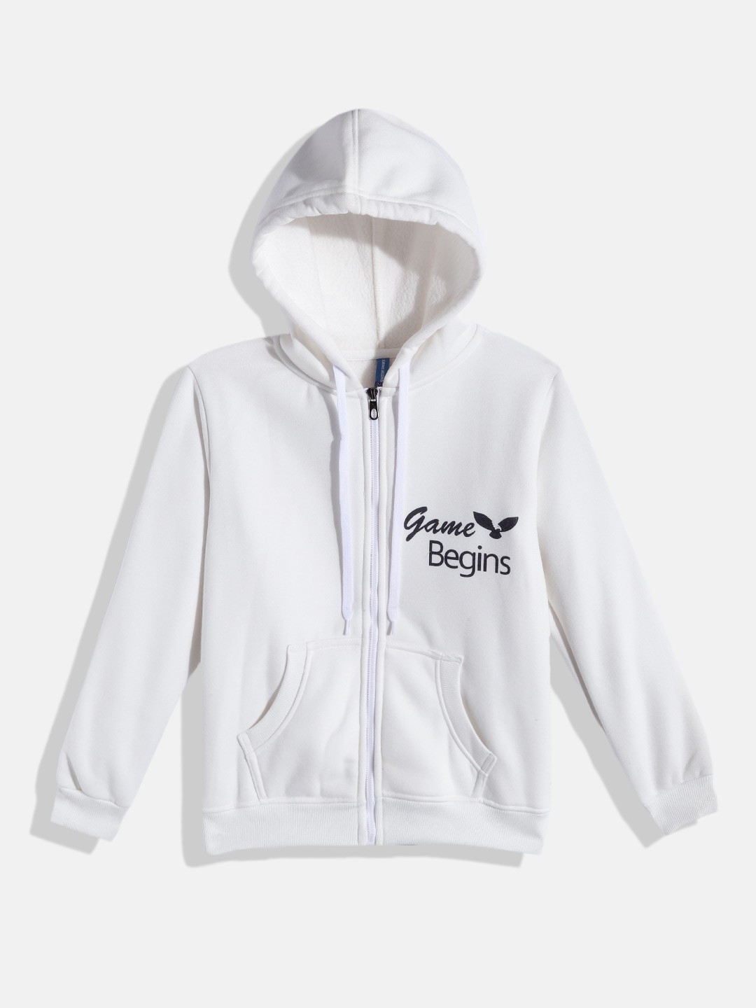 

GAME BEGINS Boys White & Black Pure Cotton Brand Logo Printed Hooded Sweatshirt