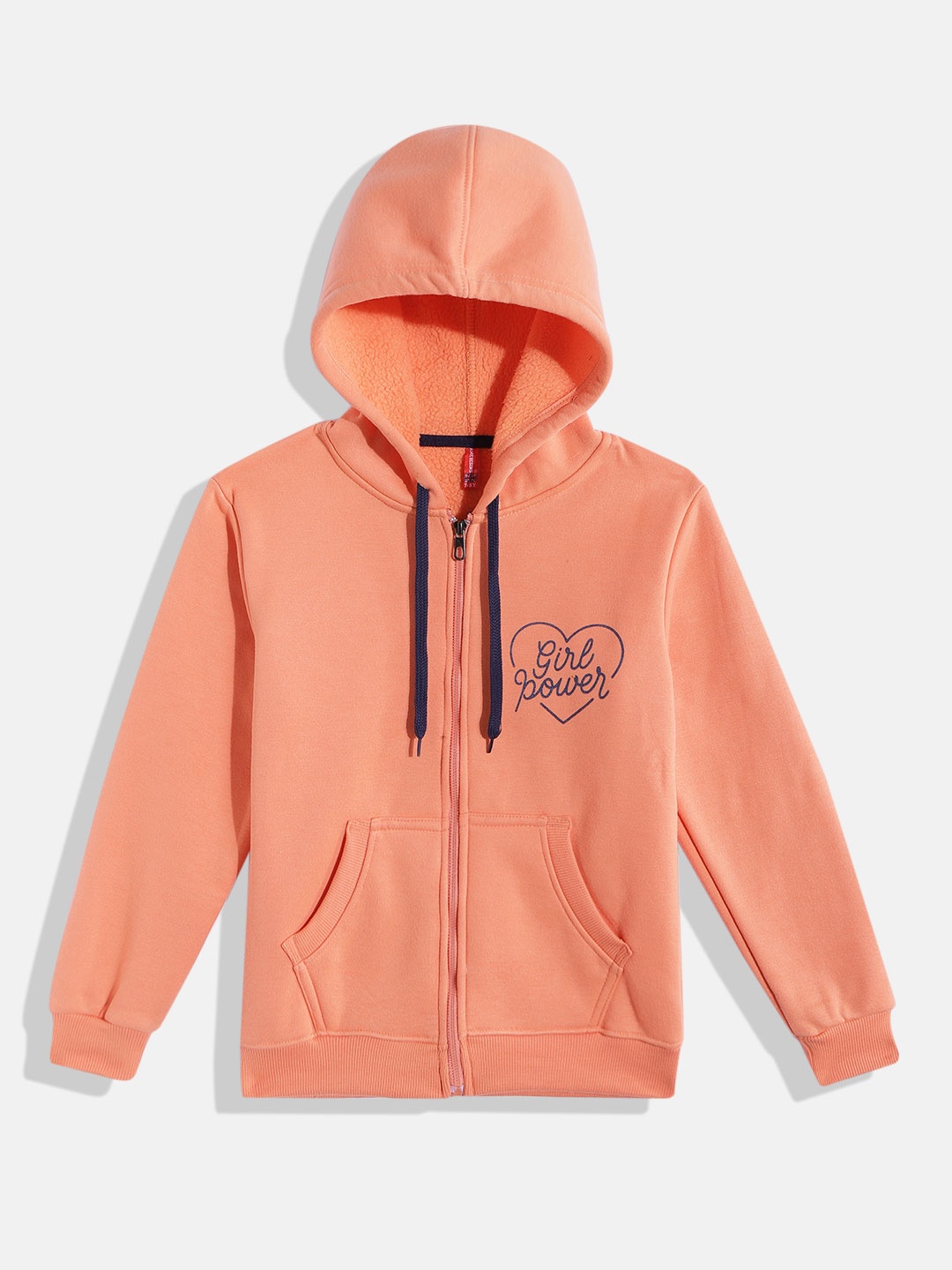 

GAME BEGINS Girls Orange & Navy Blue Pure Cotton Typography Printed Hooded Sweatshirt