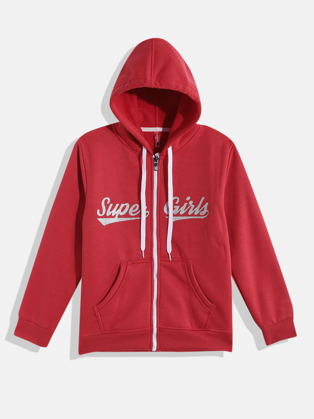 

GAME BEGINS Girls Red & Silver-Toned Pure Cotton Typography Printed Hooded Sweatshirt