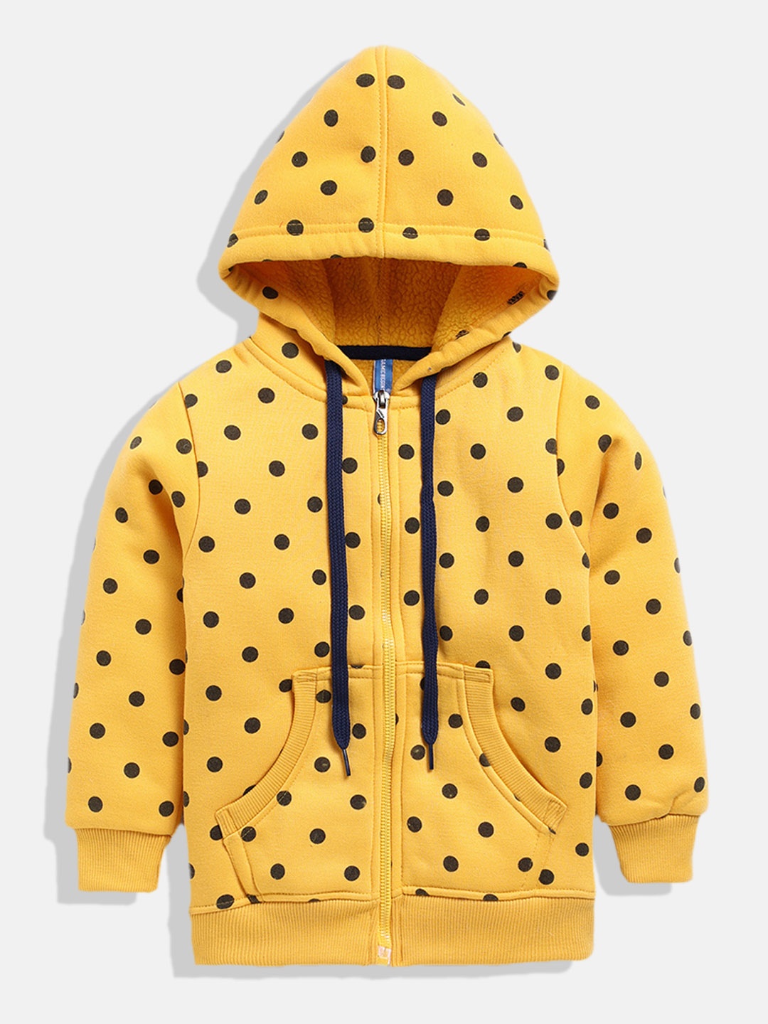 

GAME BEGINS Boys Yellow & Black Polka Dot Pure Cotton Printed Hooded Sweatshirt