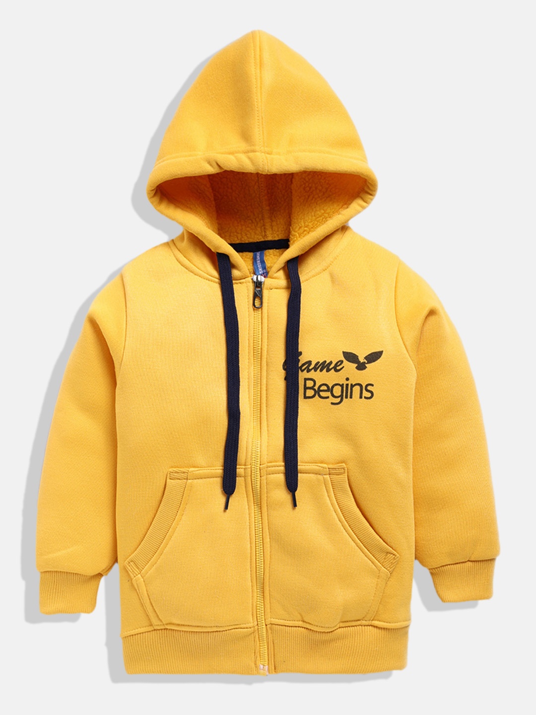 

GAME BEGINS Boys Yellow & Navy Blue Pure Cotton Brand Logo Print Hooded Sweatshirt