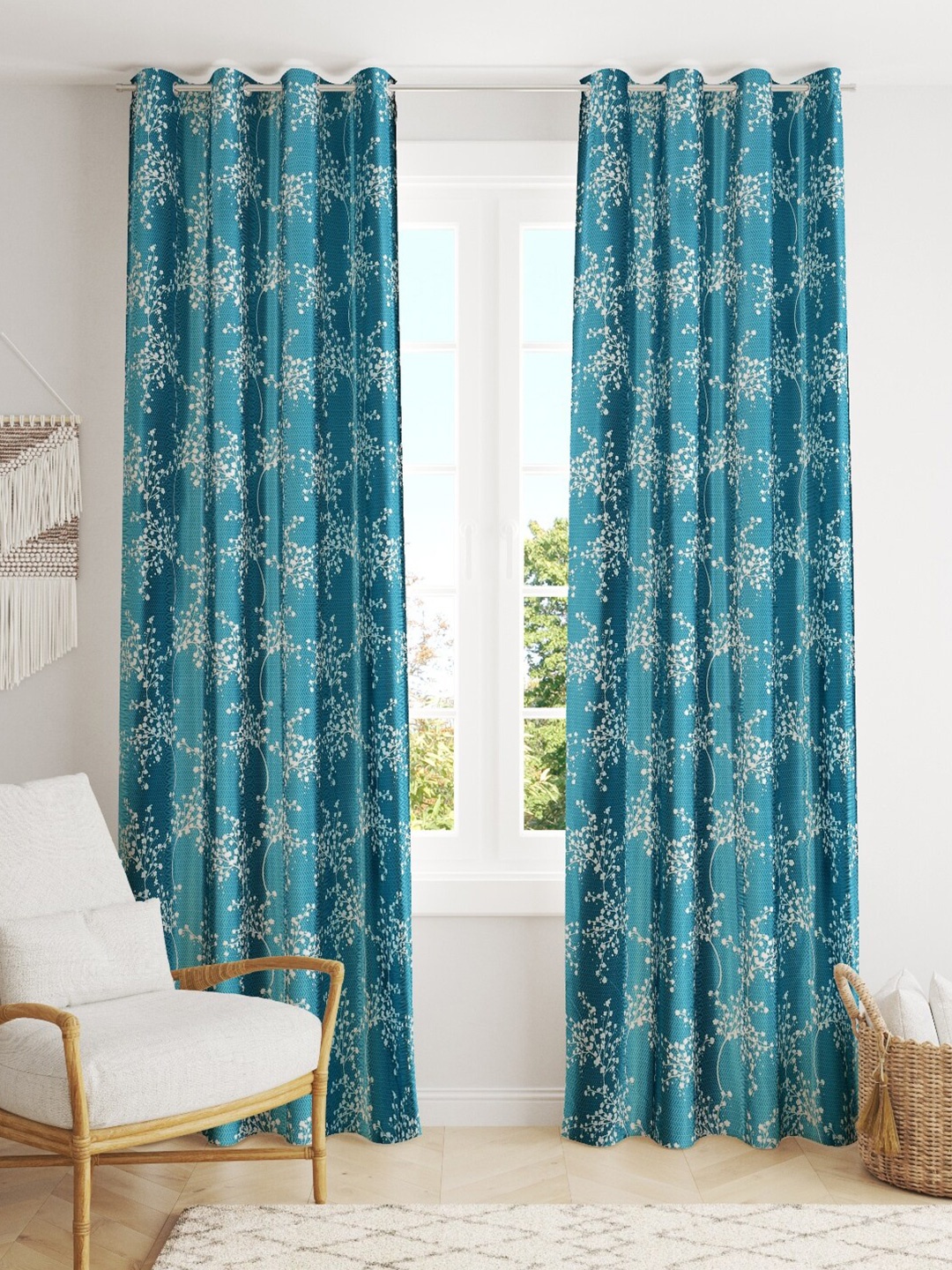 

MULTITEX Blue & Off White Set of 2 Floral Window Curtains