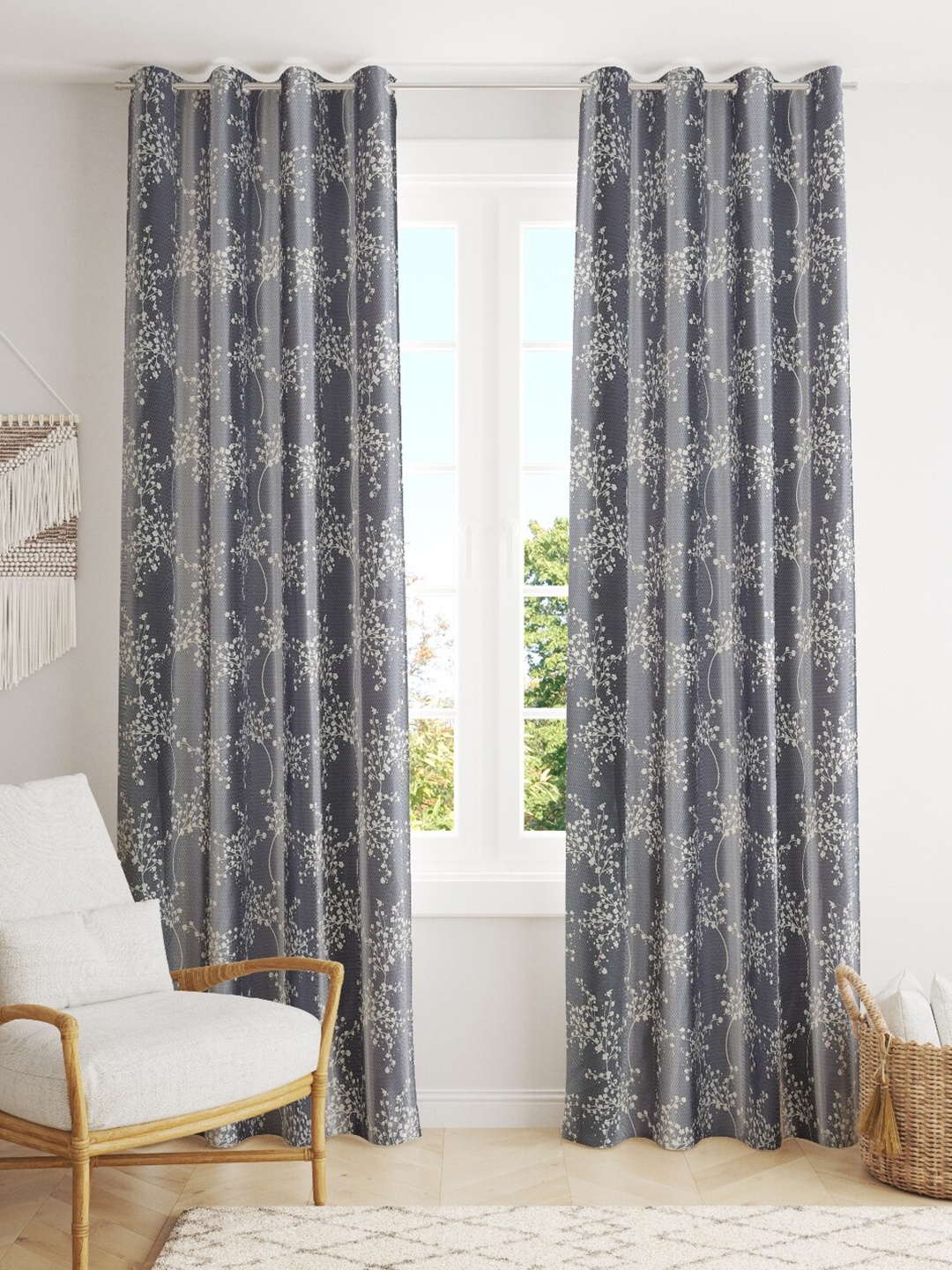

MULTITEX Grey & White Set of 2 Floral Long Door Curtain