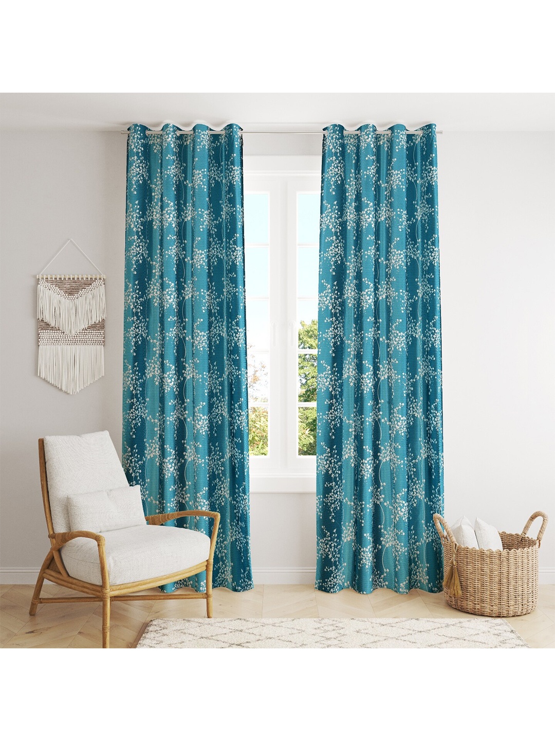 

MULTITEX Blue and White Set of 2 Floral Printed 7ft Door Curtain