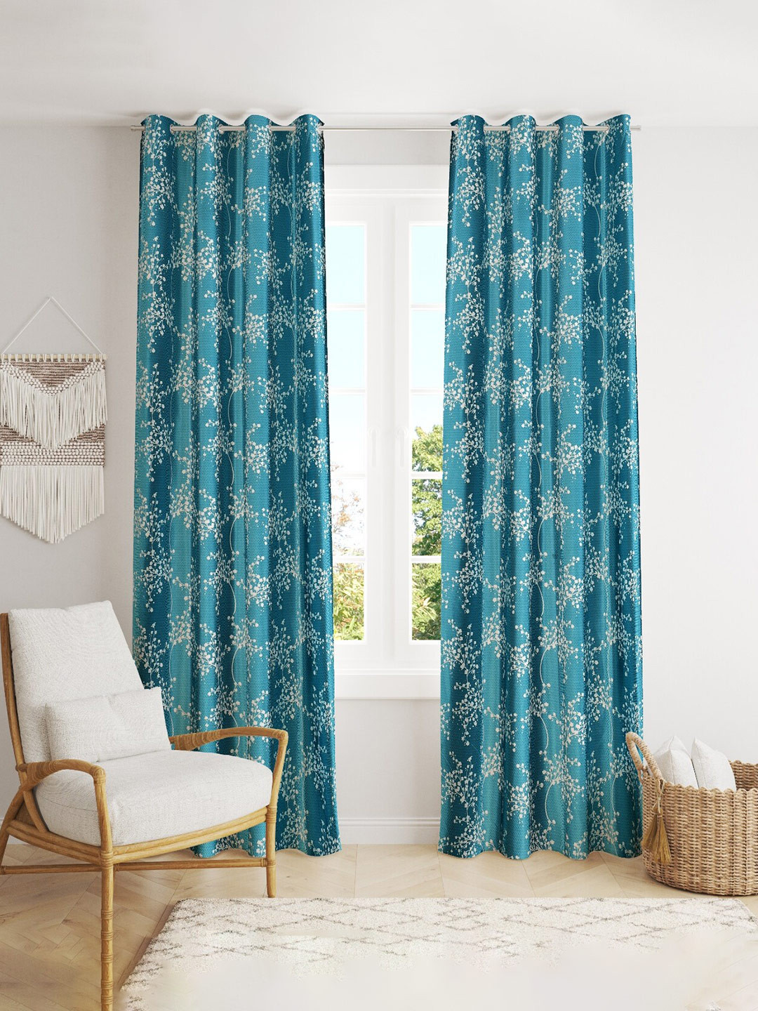 

MULTITEX Blue & White Set of 2 Floral Long Door Curtain