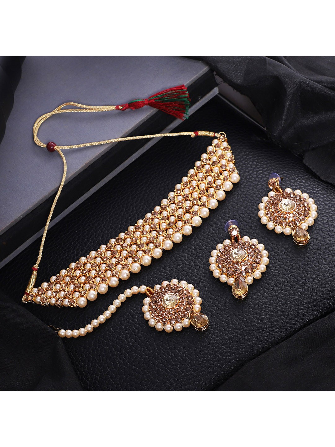 

ZaffreCollections Twinkle Elegant Party Wear Gold Choker Set with maang Tikka for Women