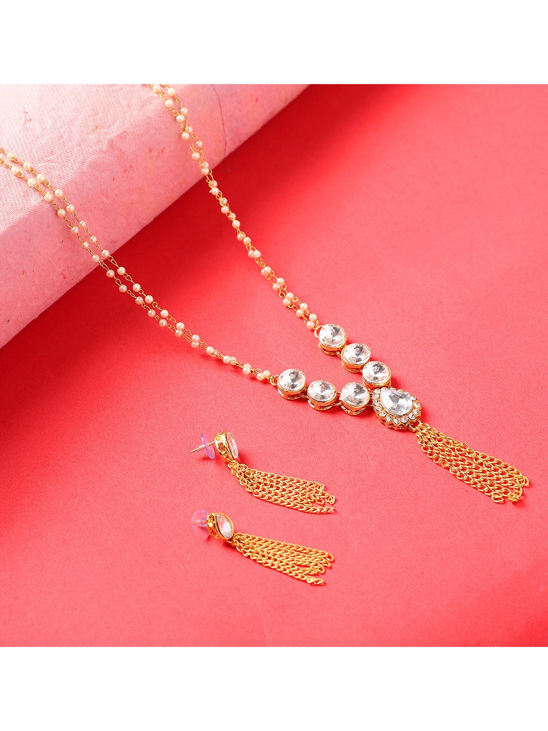 

ZaffreCollections Gold-Plated & White Stones-Studded & Beaded Jewellery Set