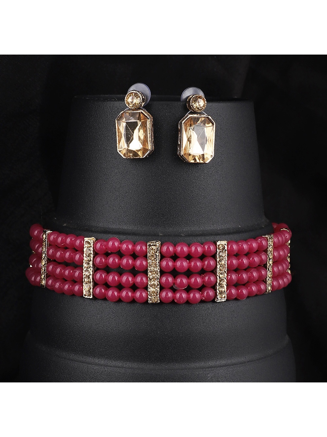 

ZaffreCollections Gold-Plated Magenta Beaded Jewellery Set