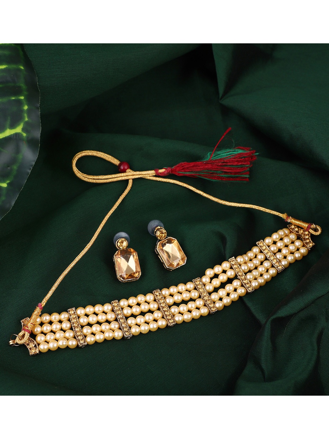 

ZaffreCollections Gold-Plated & Gold-Coloured Pearl & Stone Studded Jewellery Set