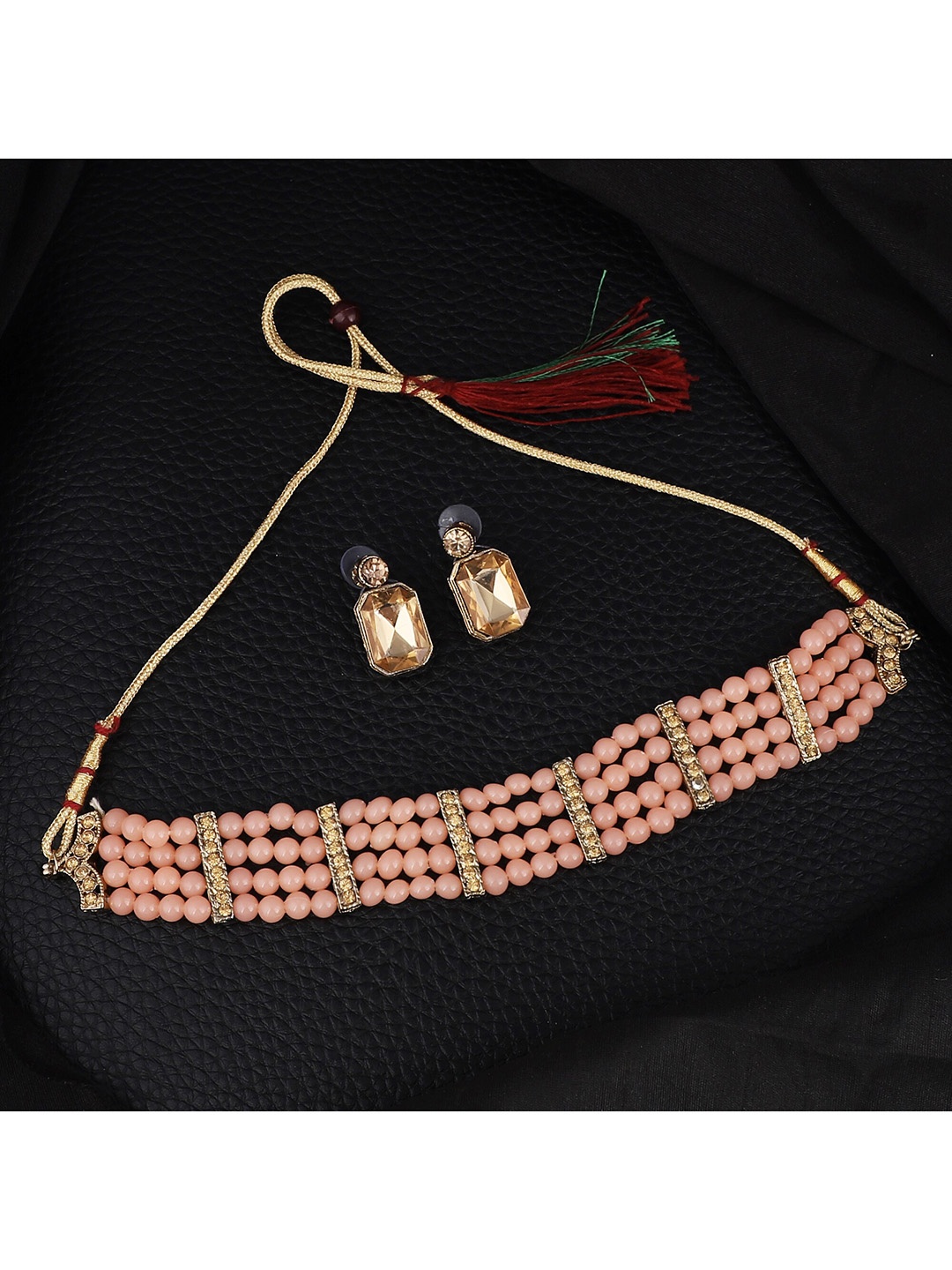 

ZaffreCollections Gold-Plated Peach-Colored Stone-Studded Jewellery Set