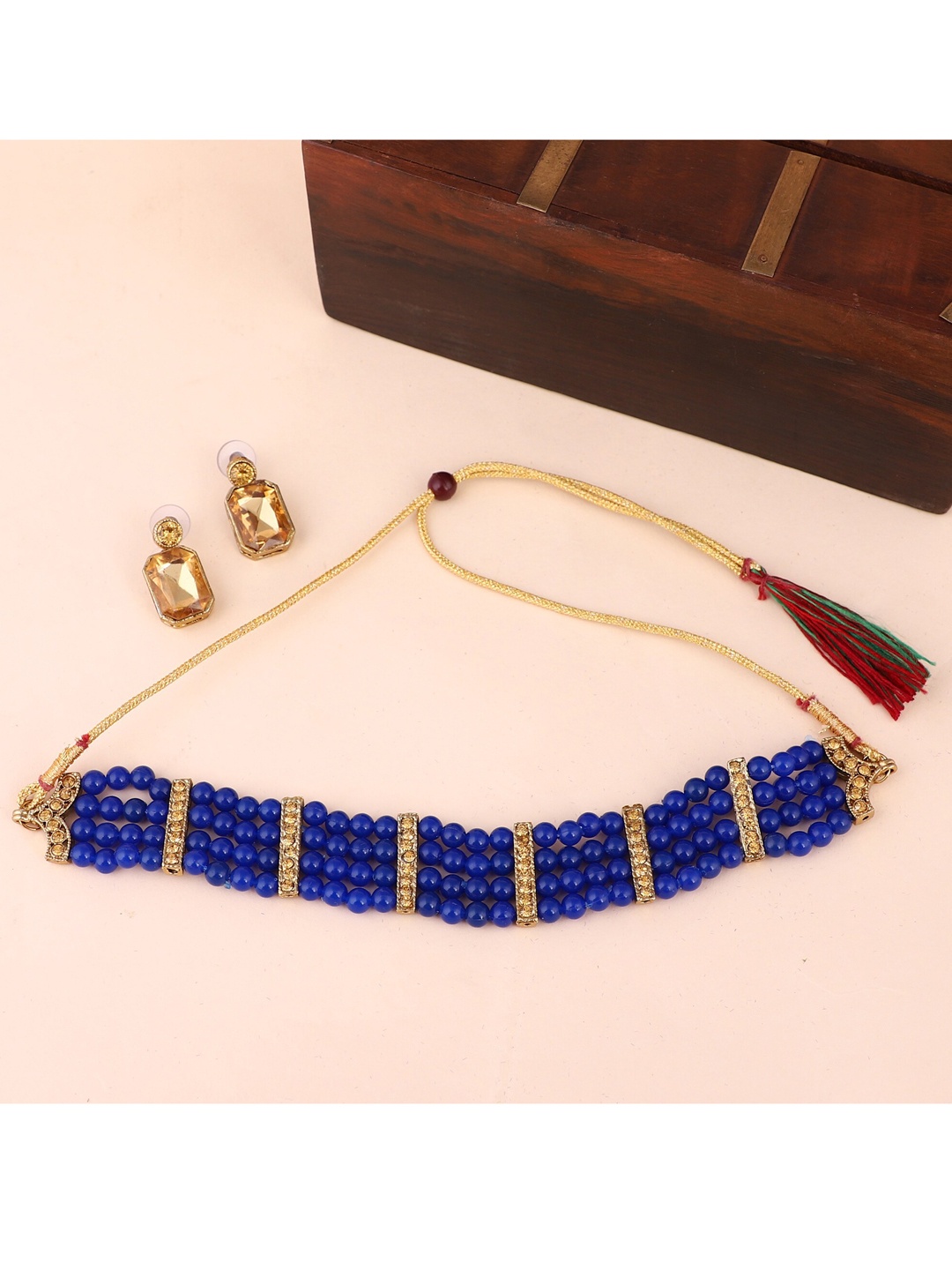 

ZaffreCollections Gold-plated Navy Blue Beaded Jewellery Set