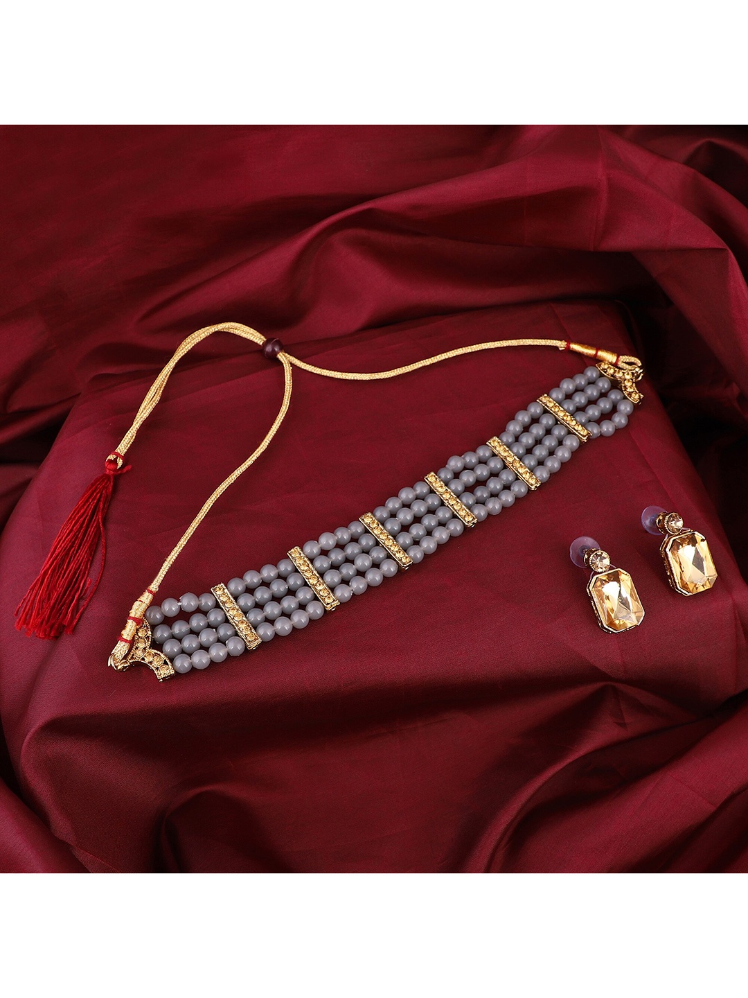 

ZaffreCollections Gold-Plated Grey & Gold-Toned Stone Studded & Beaded Jewellery Set