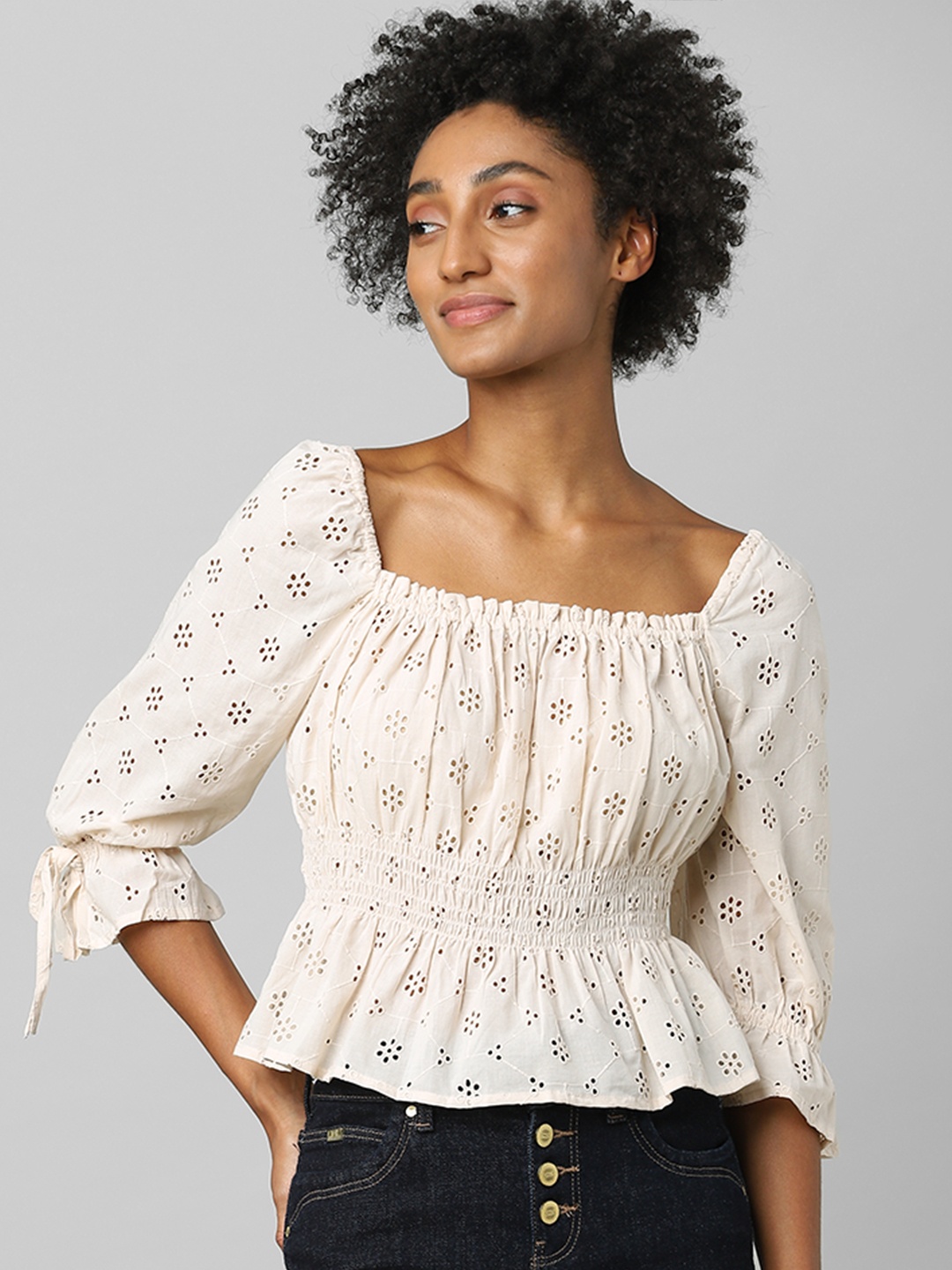 

ONLY Schiffli Cinched Waist Crop Top, Off white