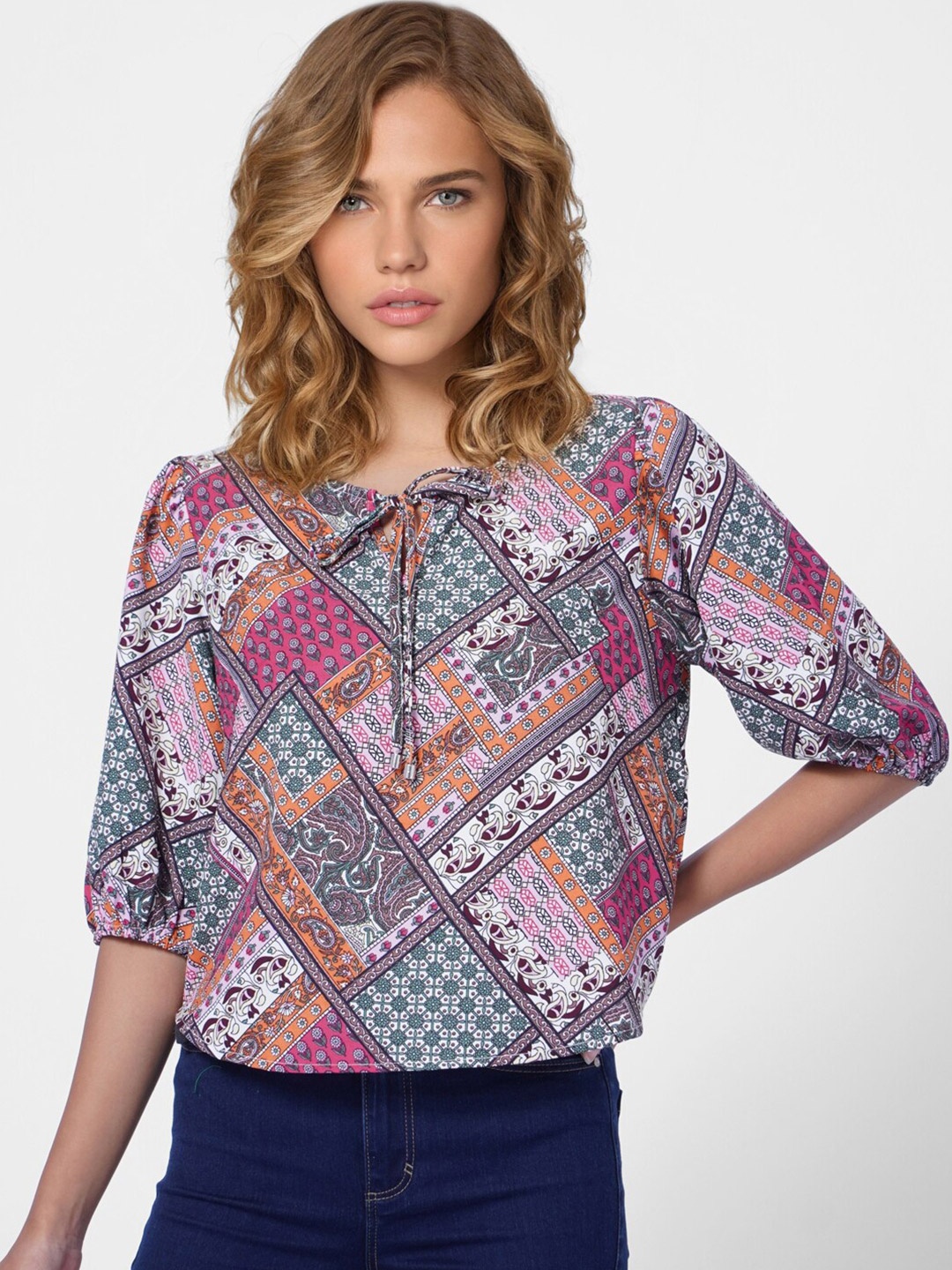 

ONLY Women Multicolor Printed Keyhole Neck Blouson Top, Pink