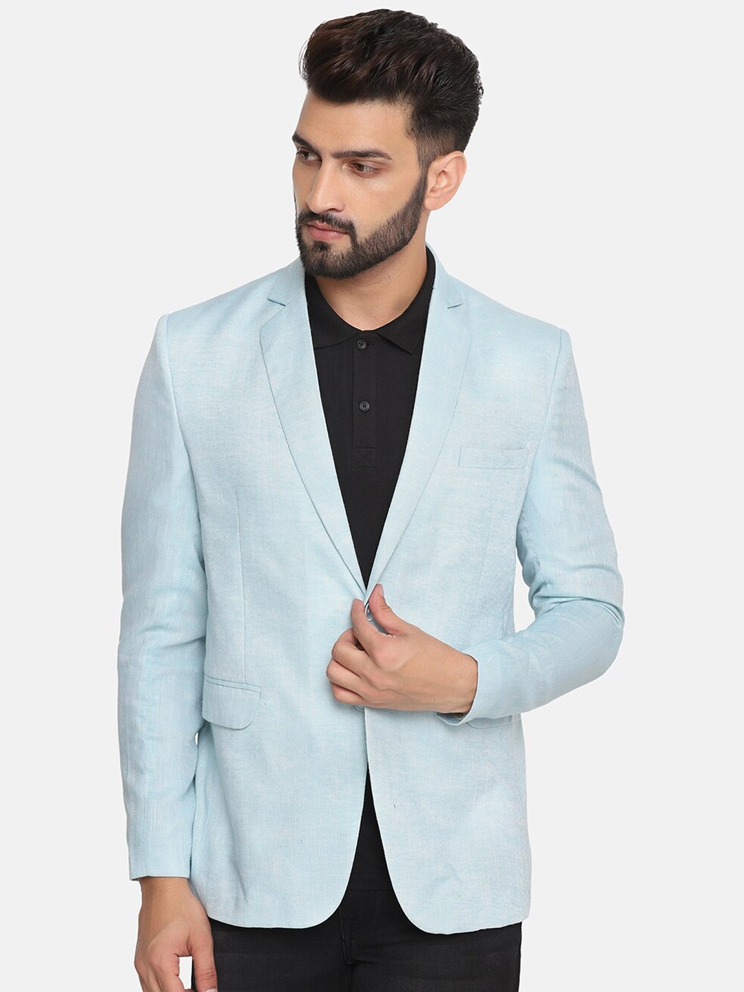 

TAHVO Men Blue Solid Linen Single-Breasted Blazer