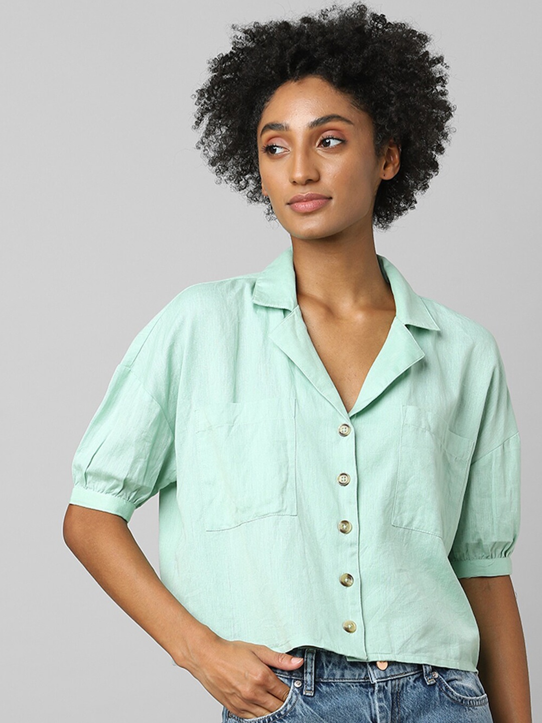 

ONLY Women Green Boxy Crop Casual Shirt