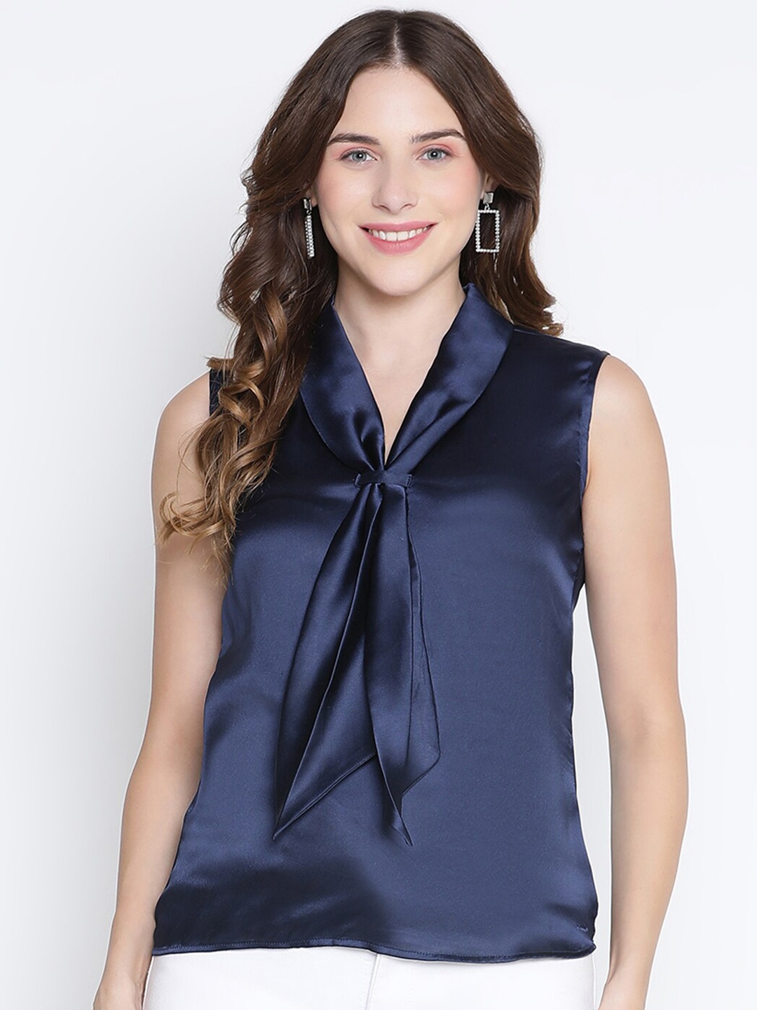 

DRAAX Fashions Women Navy Blue Tie-Up Neck Top