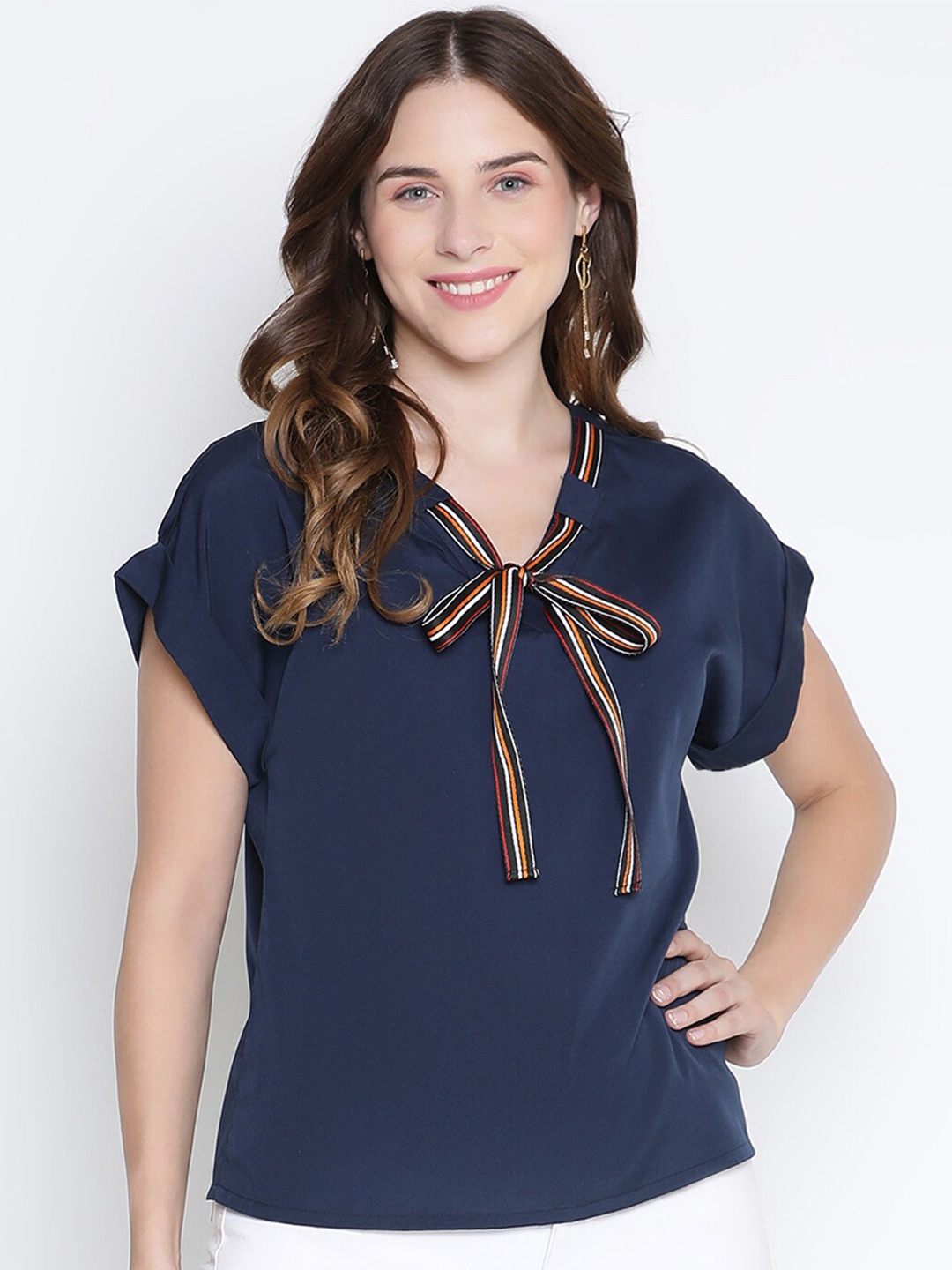 

DRAAX Fashions Blue Tie-Up Neck Extended Sleeves Top