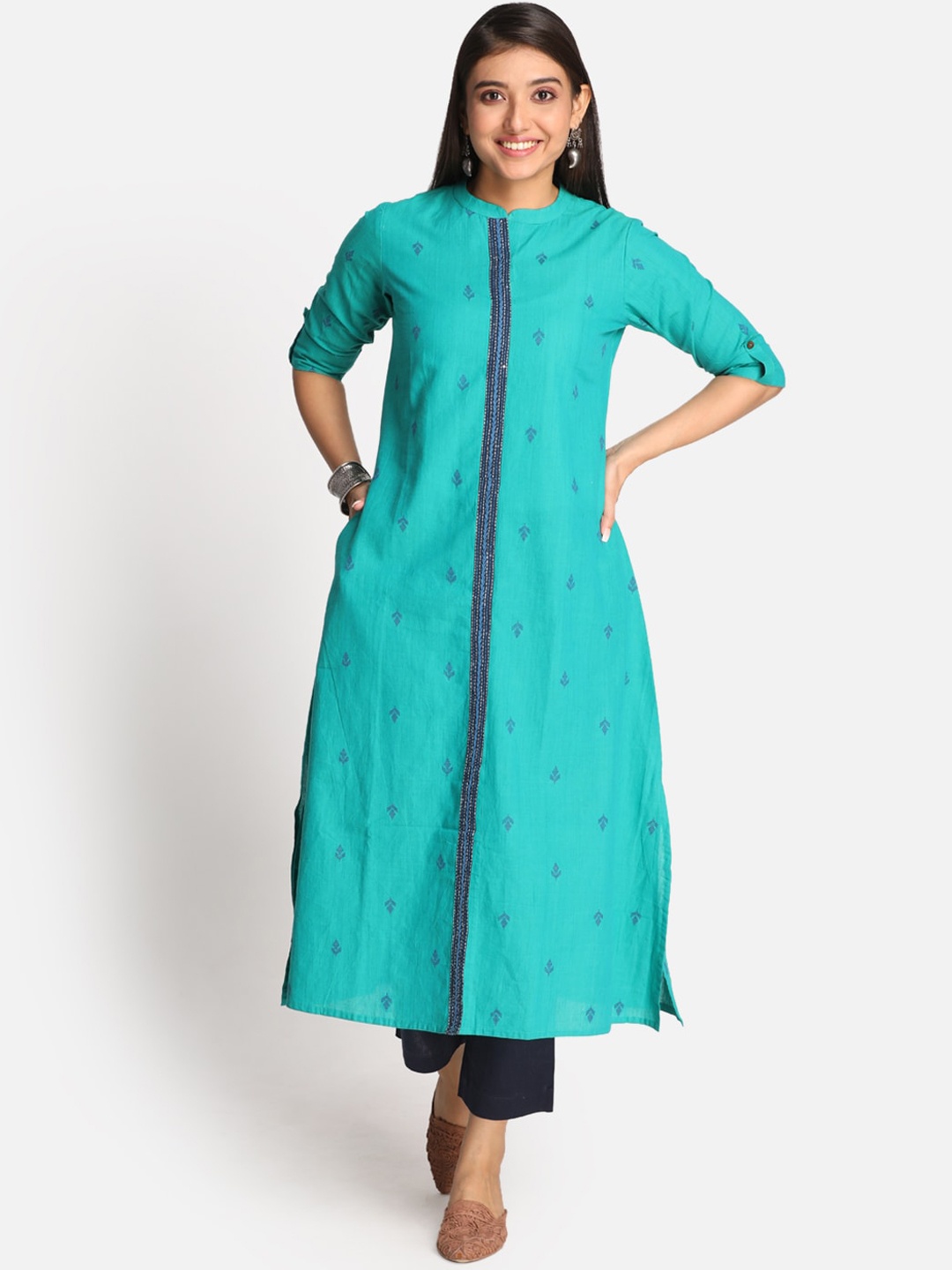 

Earthwear Women Turquoise Blue Printed Dobby Kurta