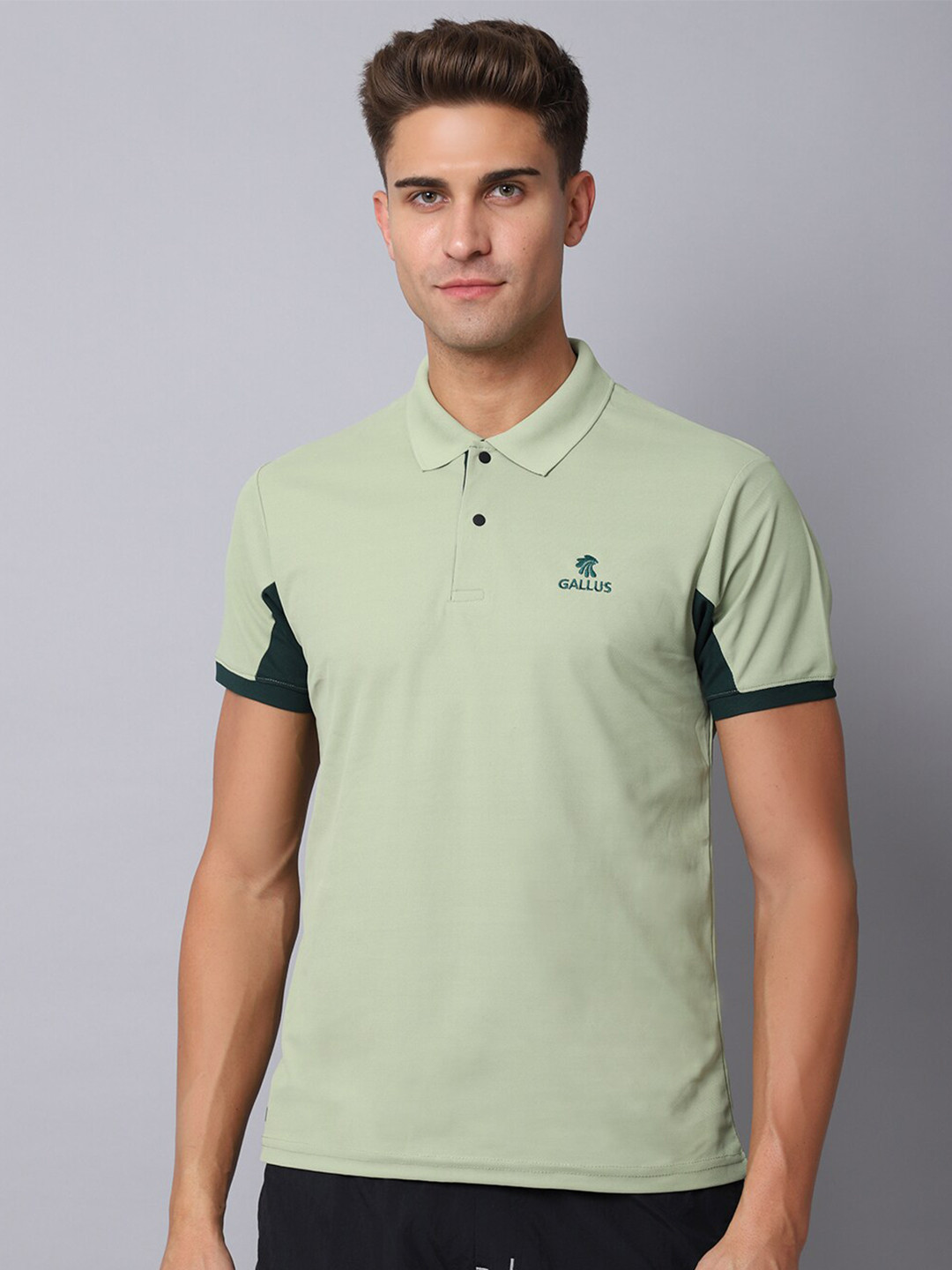 

Gallus Men Lime Green & Green Colourblocked Polo Collar Dri-FIT Slim Fit T-shirt