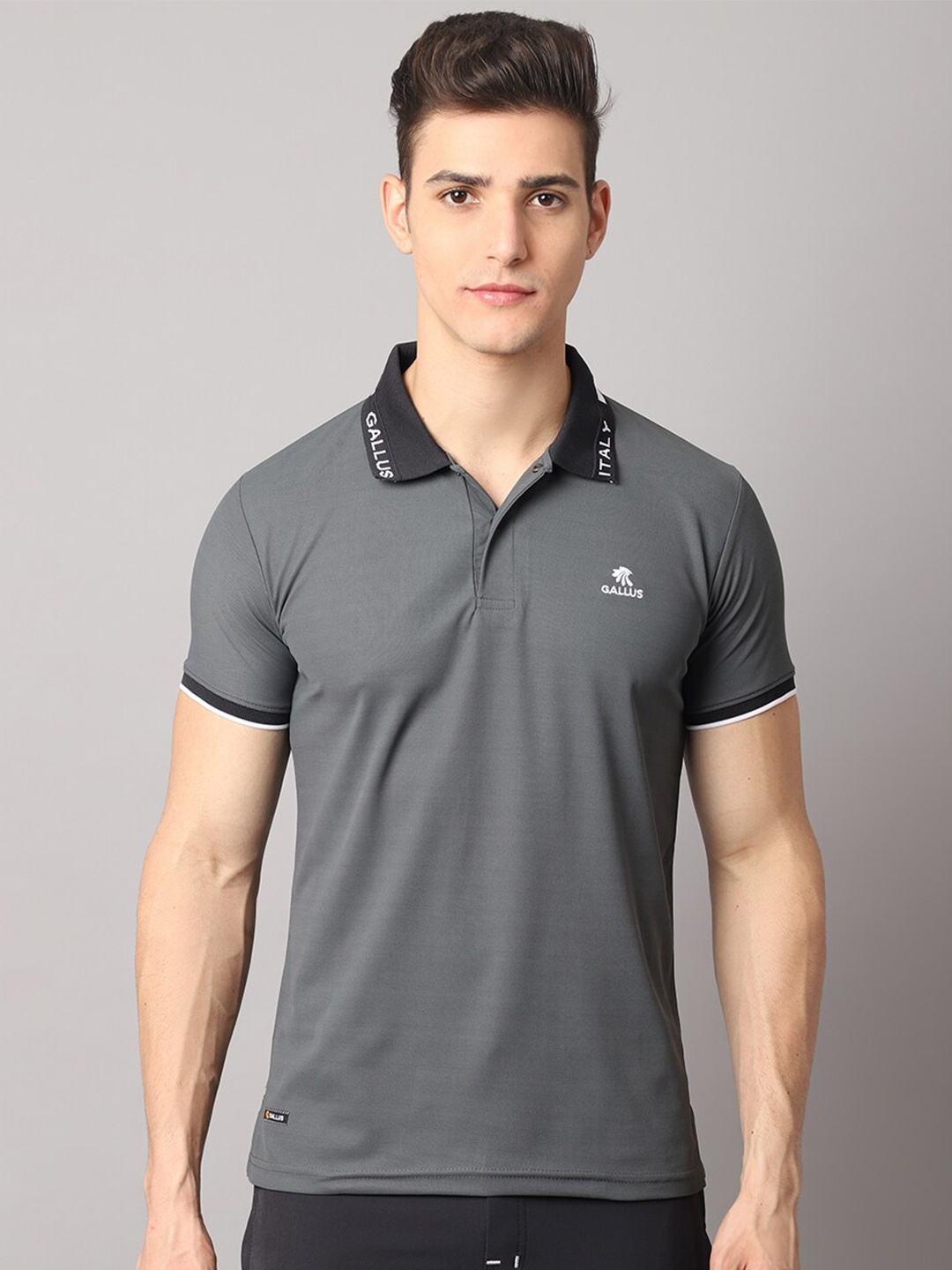 

Gallus Men Grey Melange & Black Polo Collar Slim Fit T-shirt
