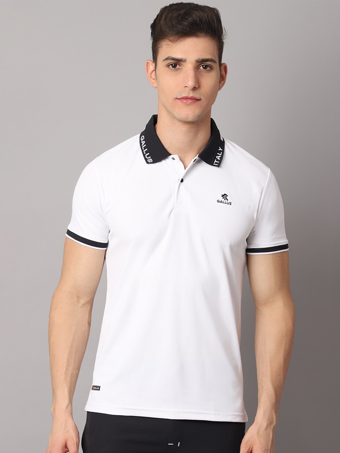 

Gallus Men White & Black Striped Polo Collar Dri-FIT Slim Fit T-shirt