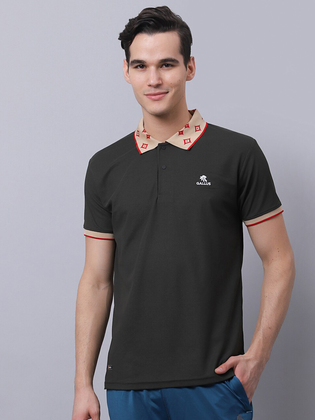 

Gallus Men Olive Green Polo Collar Dri-FIT Slim Fit T-shirt