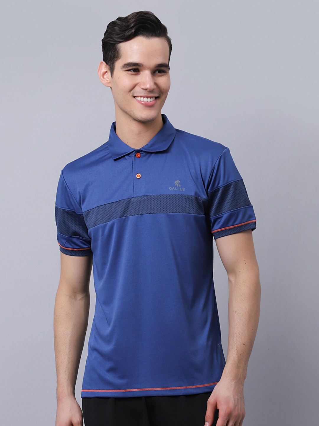 

Gallus Men Blue Colourblocked Polo Collar Dri-FIT Slim Fit T-shirt