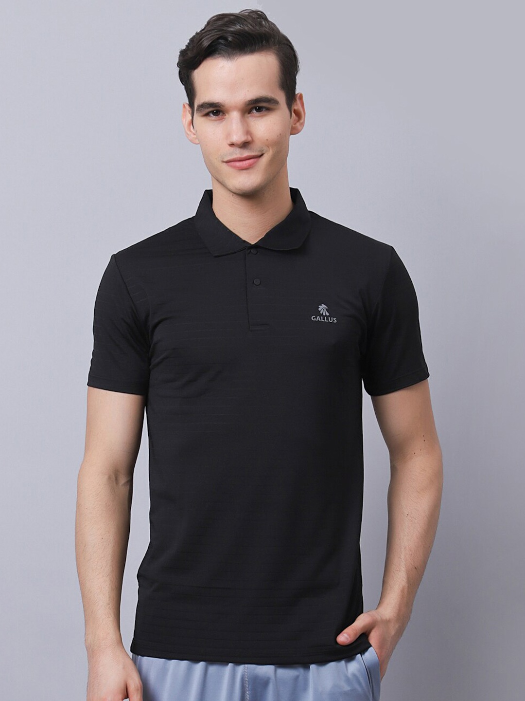 

Gallus Men Black Polo Collar Dri-FIT Slim Fit T-shirt